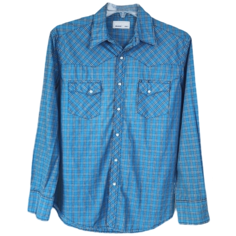 Vintage Y2K‎ Wrangler WRancher Blue Plaid Western Pearl Snap Shirt Men's Large